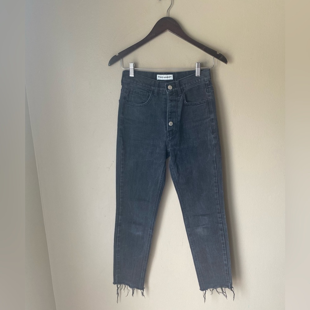 Pixie Market High Rise Black Denim Raw Hem Straight Leg Jeans
